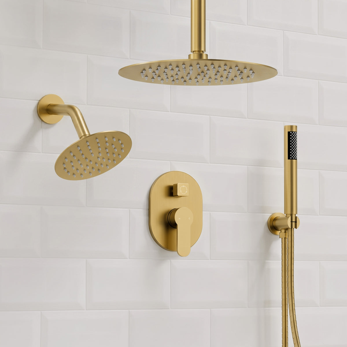 Ceiling-Mounted Dual Round-Head Shower System with Adjustable Handheld