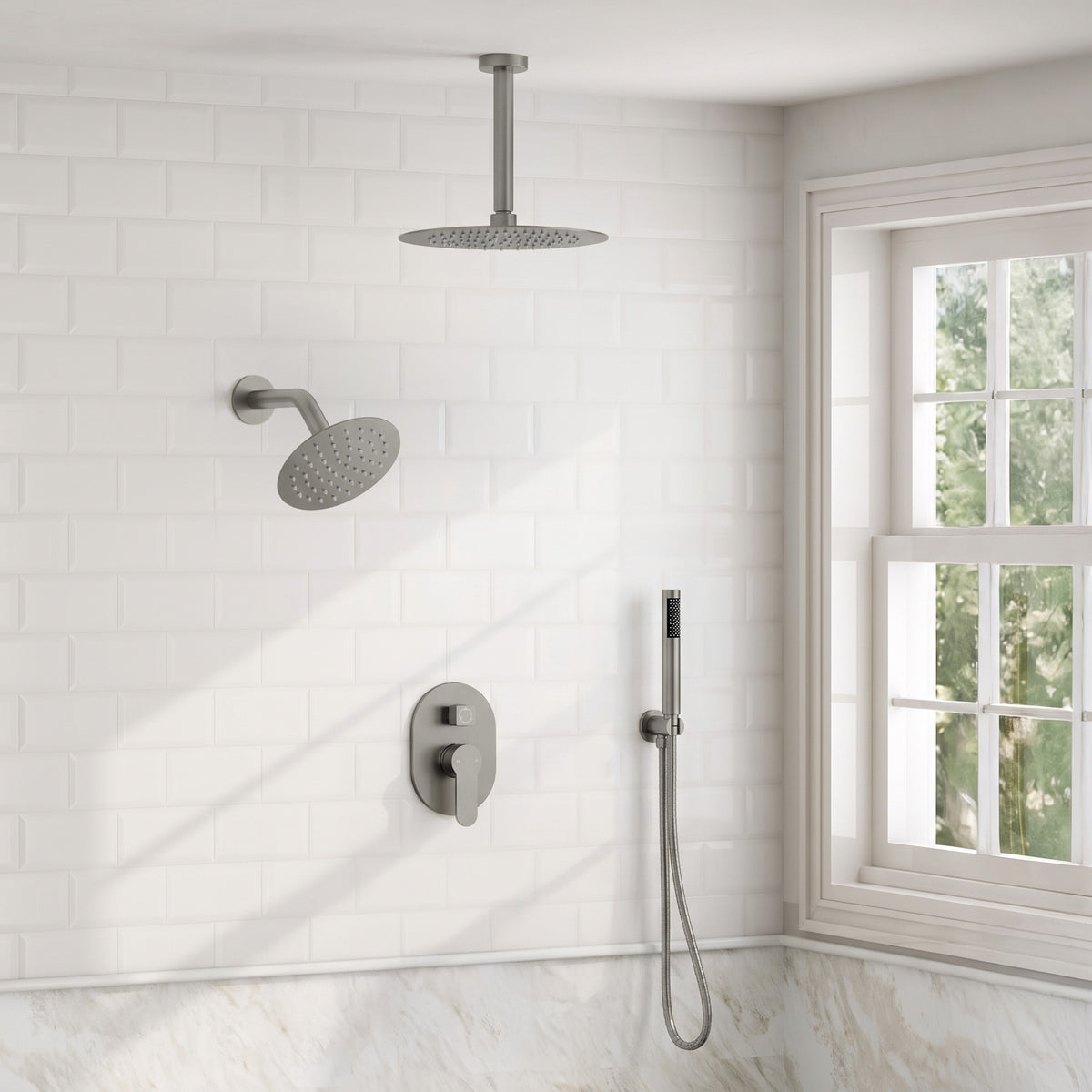 Ceiling-Mounted Dual Round-Head Shower System with Adjustable Handheld