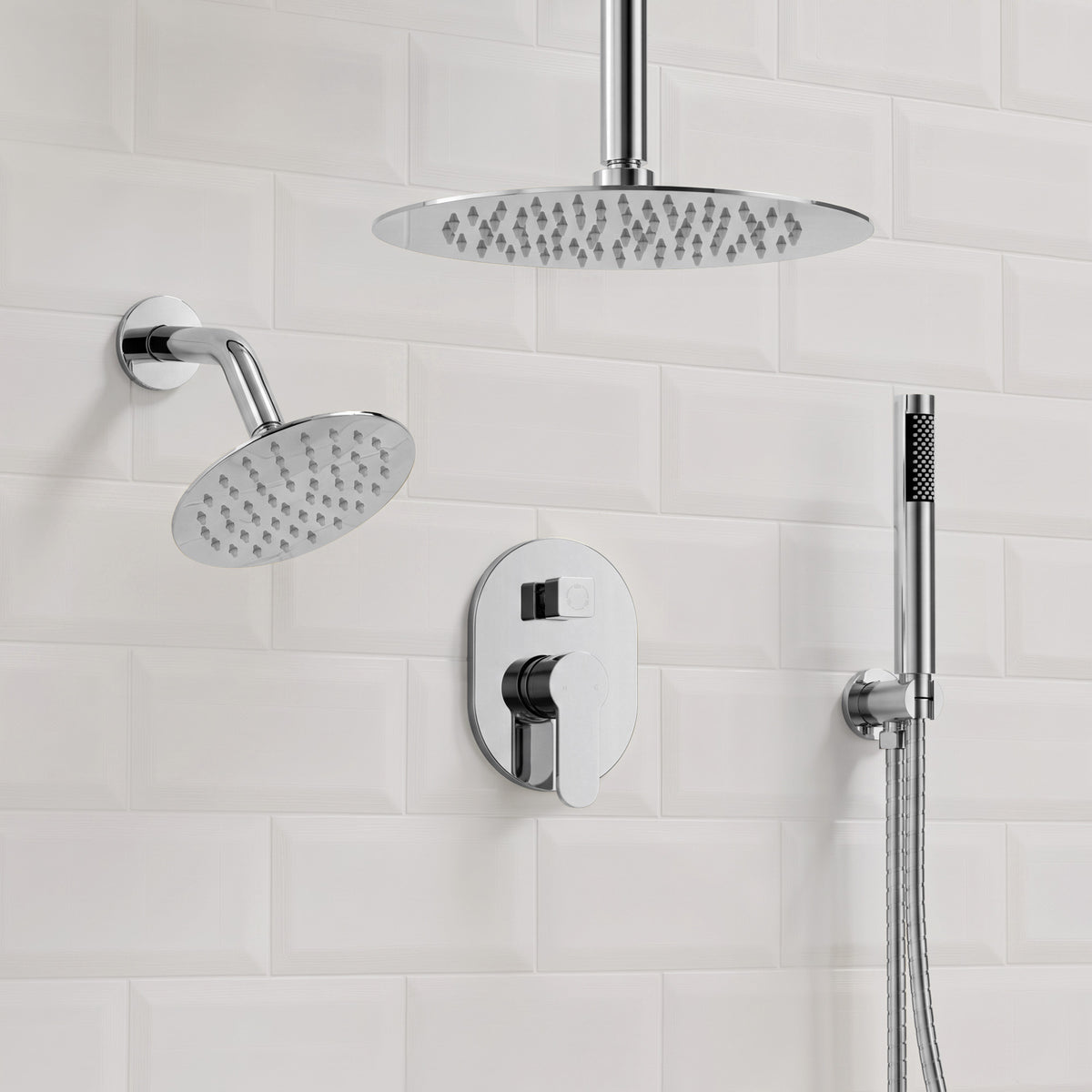 Ceiling-Mounted Dual Round-Head Shower System with Adjustable Handheld