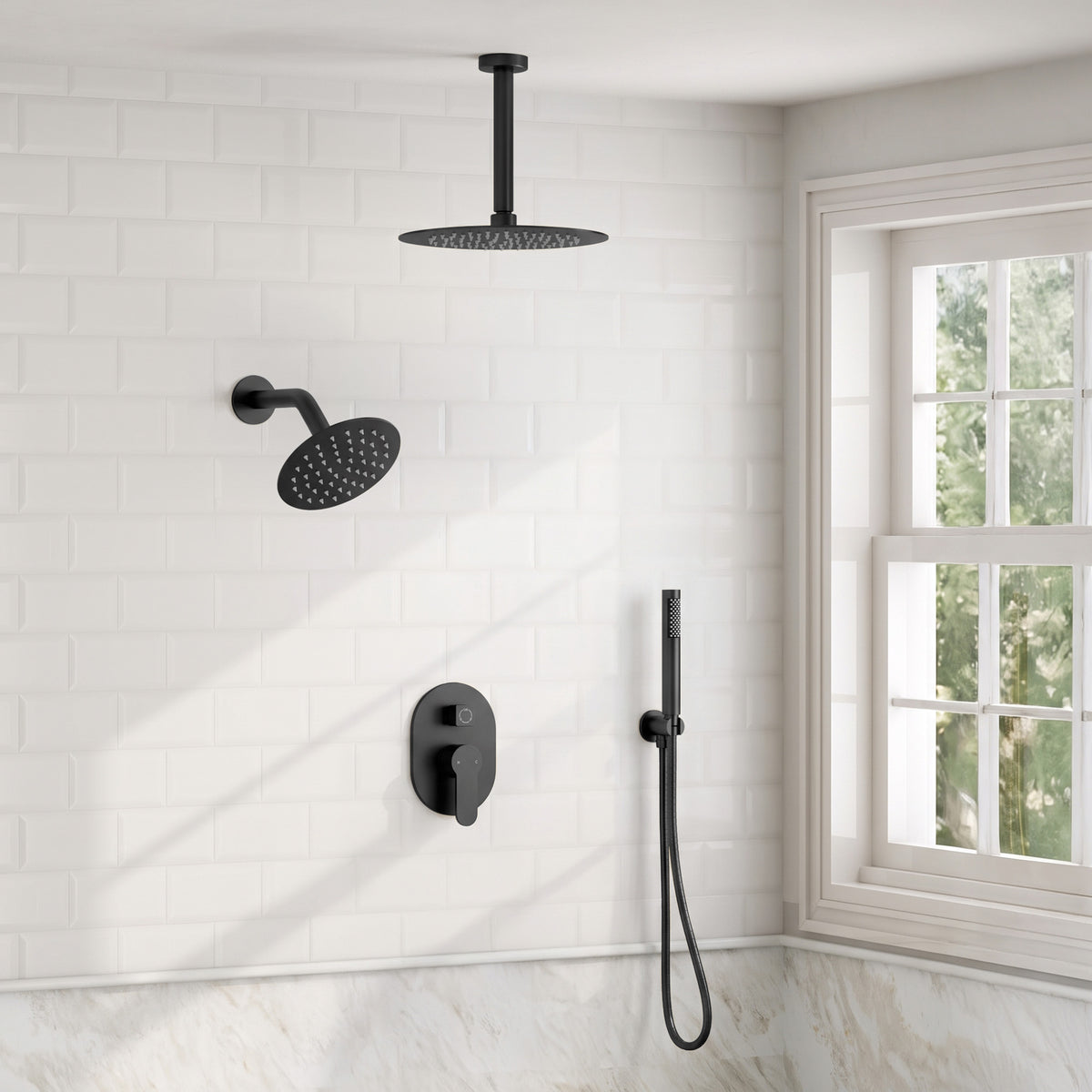 Ceiling-Mounted Dual Round-Head Shower System with Adjustable Handheld