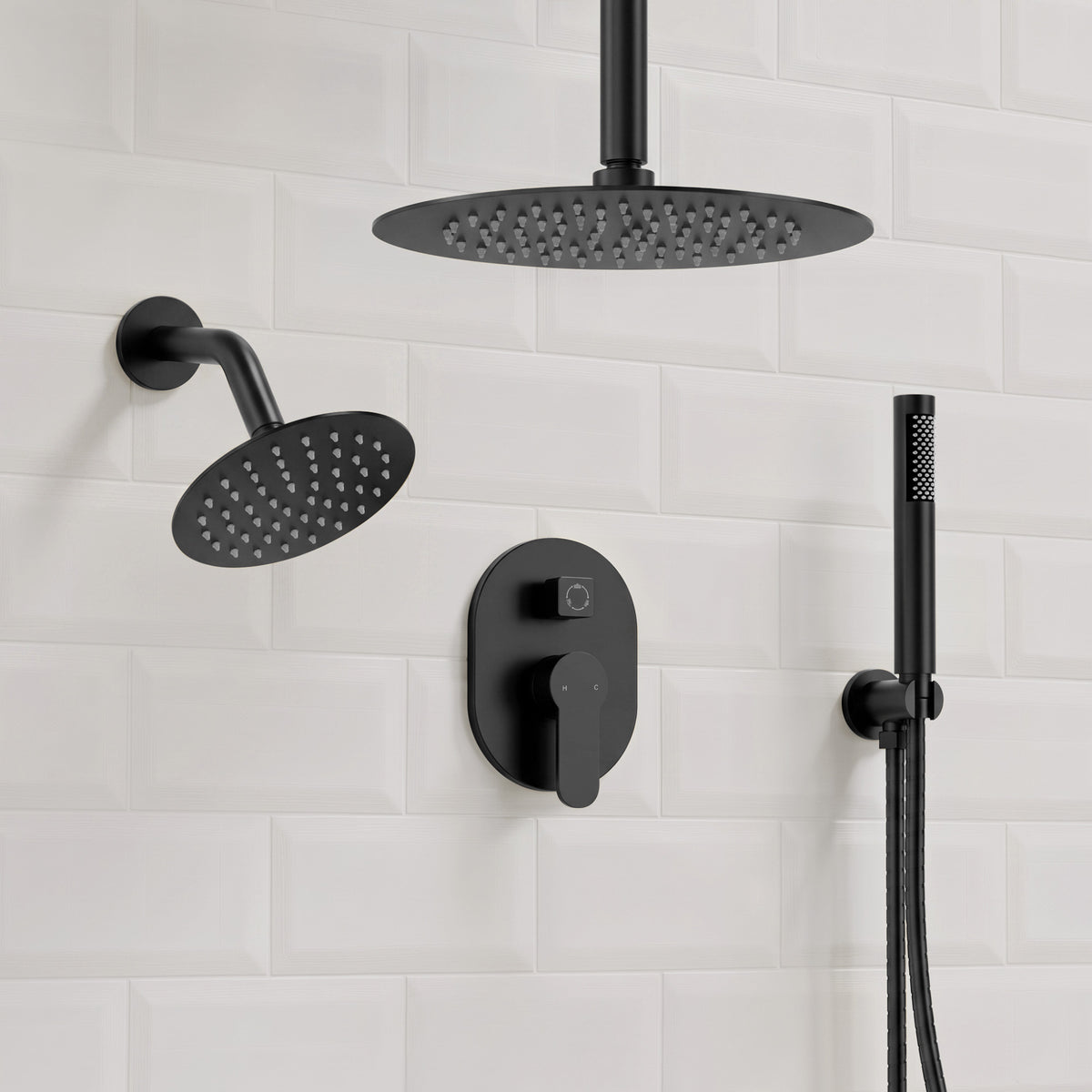 Ceiling-Mounted Dual Round-Head Shower System with Adjustable Handheld
