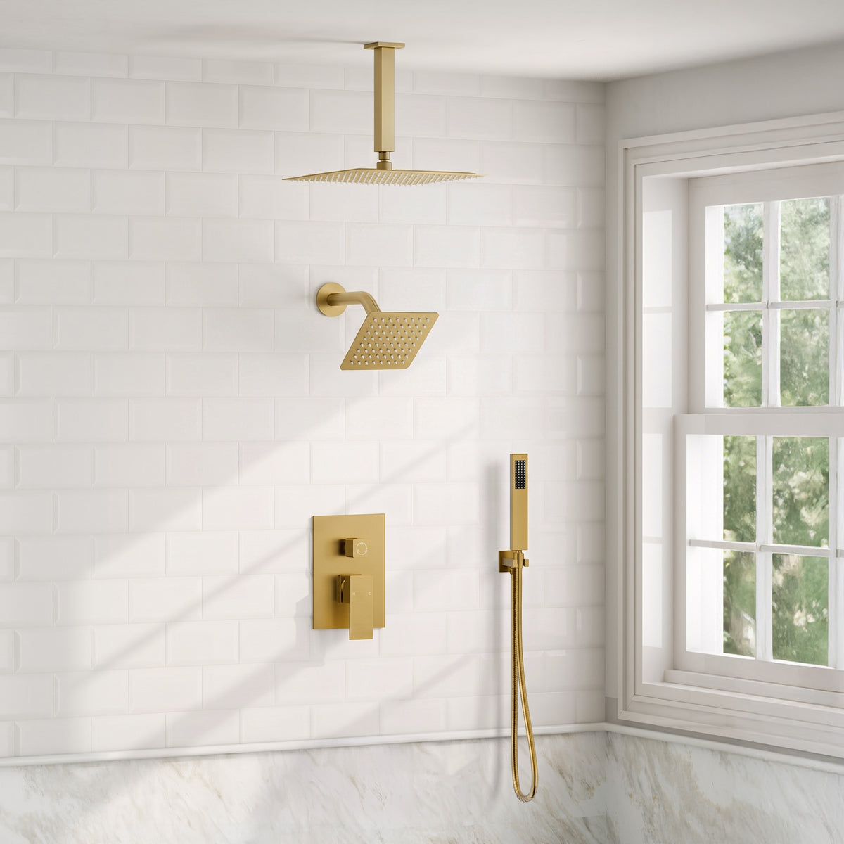 Square Ceiling-Mounted Dual Shower System with Handheld Spray