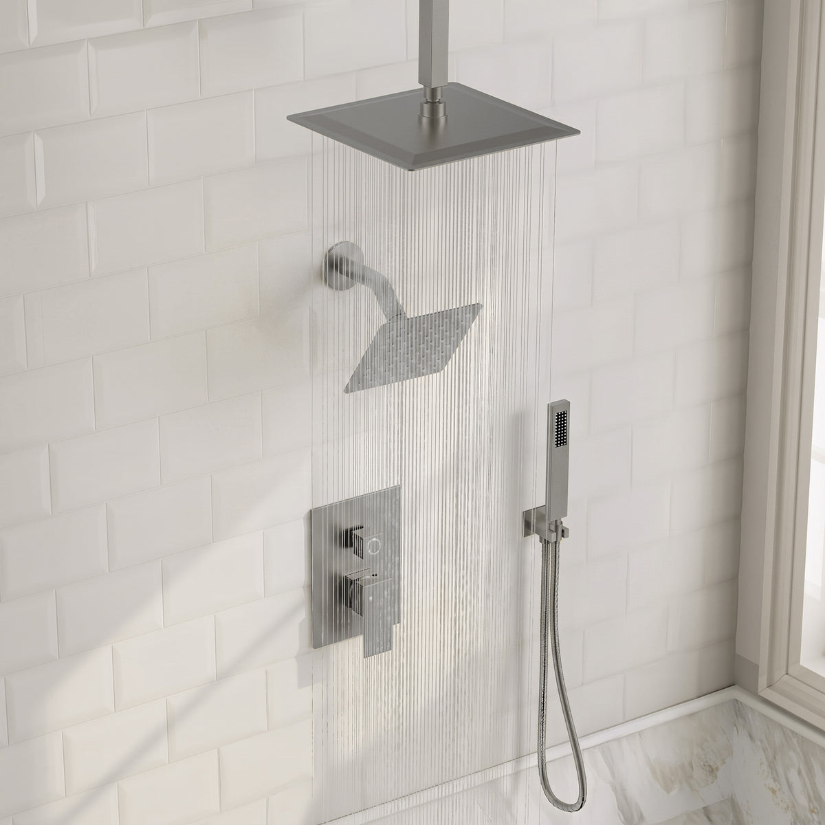Square Ceiling-Mounted Dual Shower System with Handheld Spray
