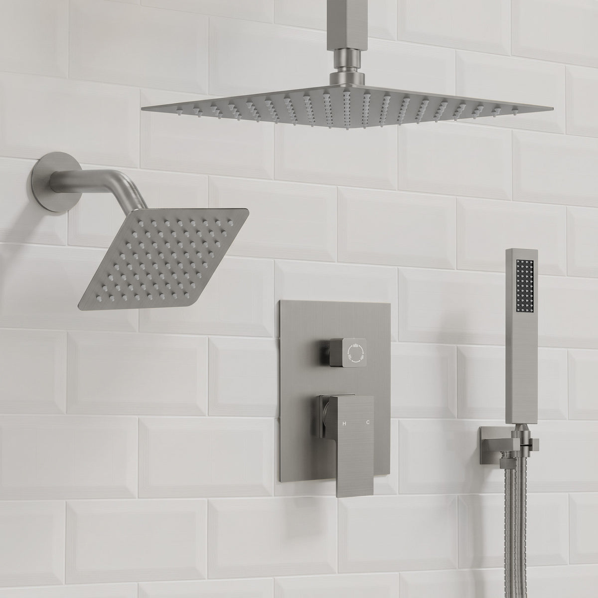 Square Ceiling-Mounted Dual Shower System with Handheld Spray