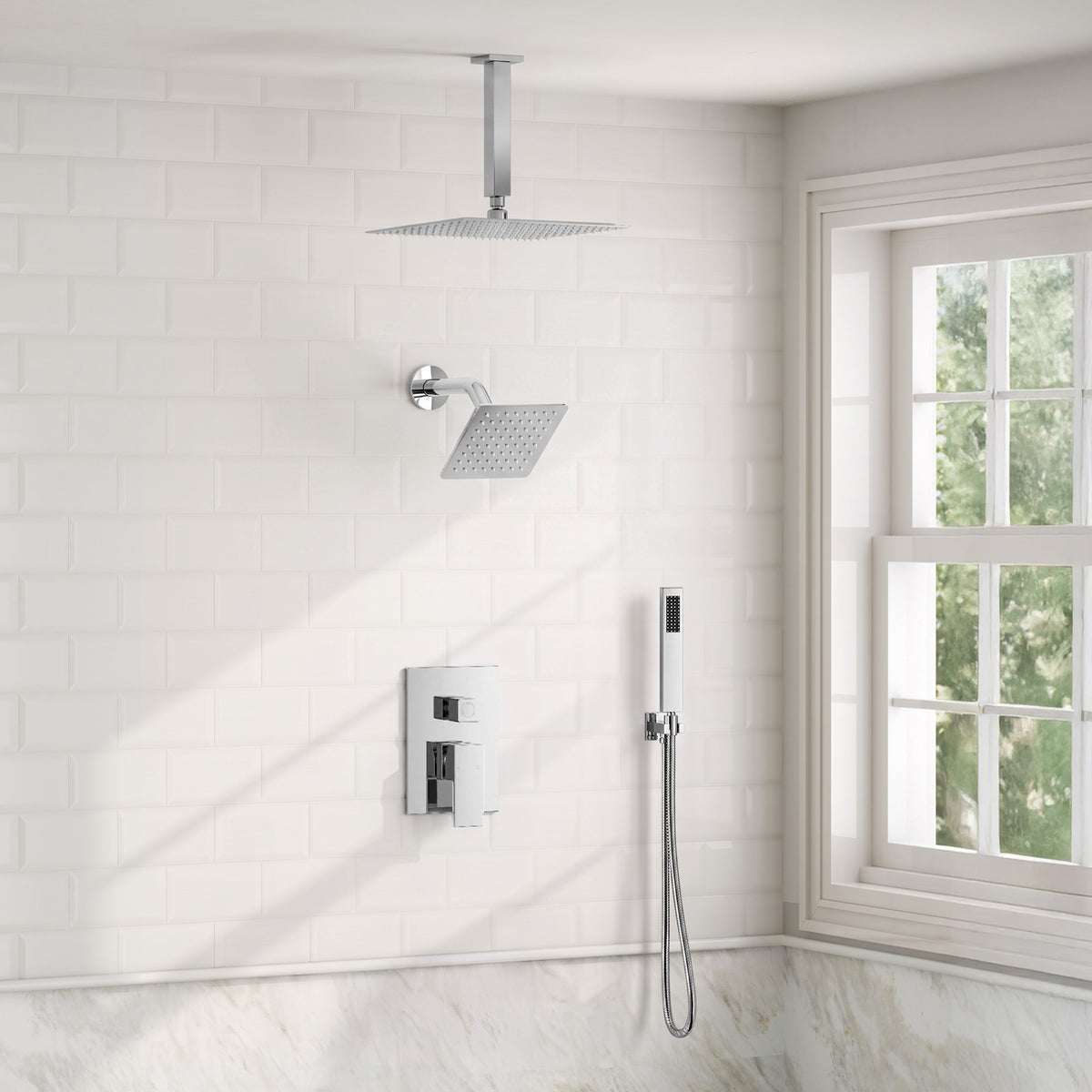 Square Ceiling-Mounted Dual Shower System with Handheld Spray