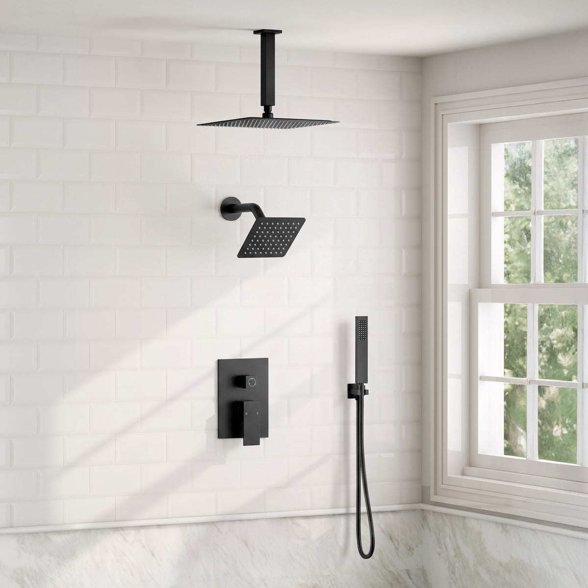 Square Ceiling-Mounted Dual Shower System with Handheld Spray