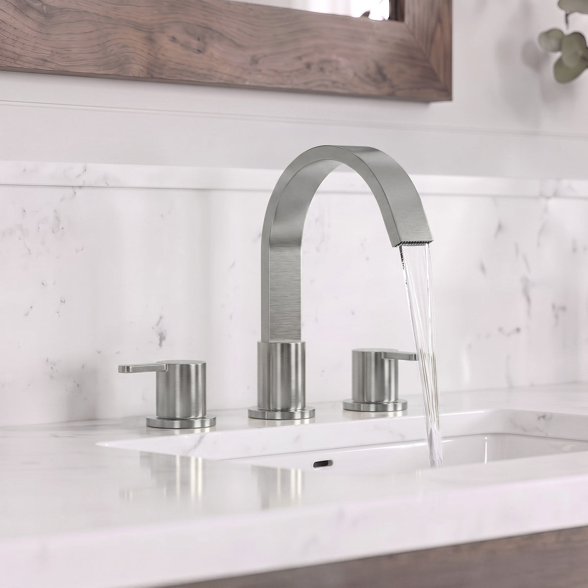 Two-Handle Waterfall Widespread Bathroom Sink Faucet With Pop-Up Drain