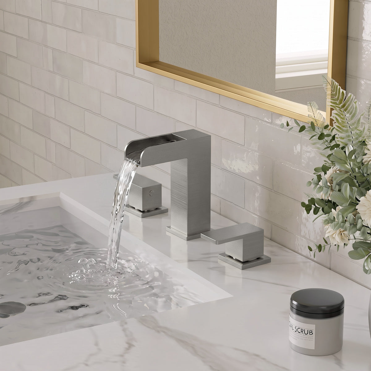 Two-Handle Waterfall Widespread Bathroom Sink Faucet With Pop-Up Drain