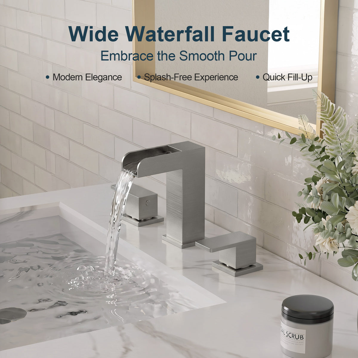 Two-Handle Waterfall Widespread Bathroom Sink Faucet With Pop-Up Drain
