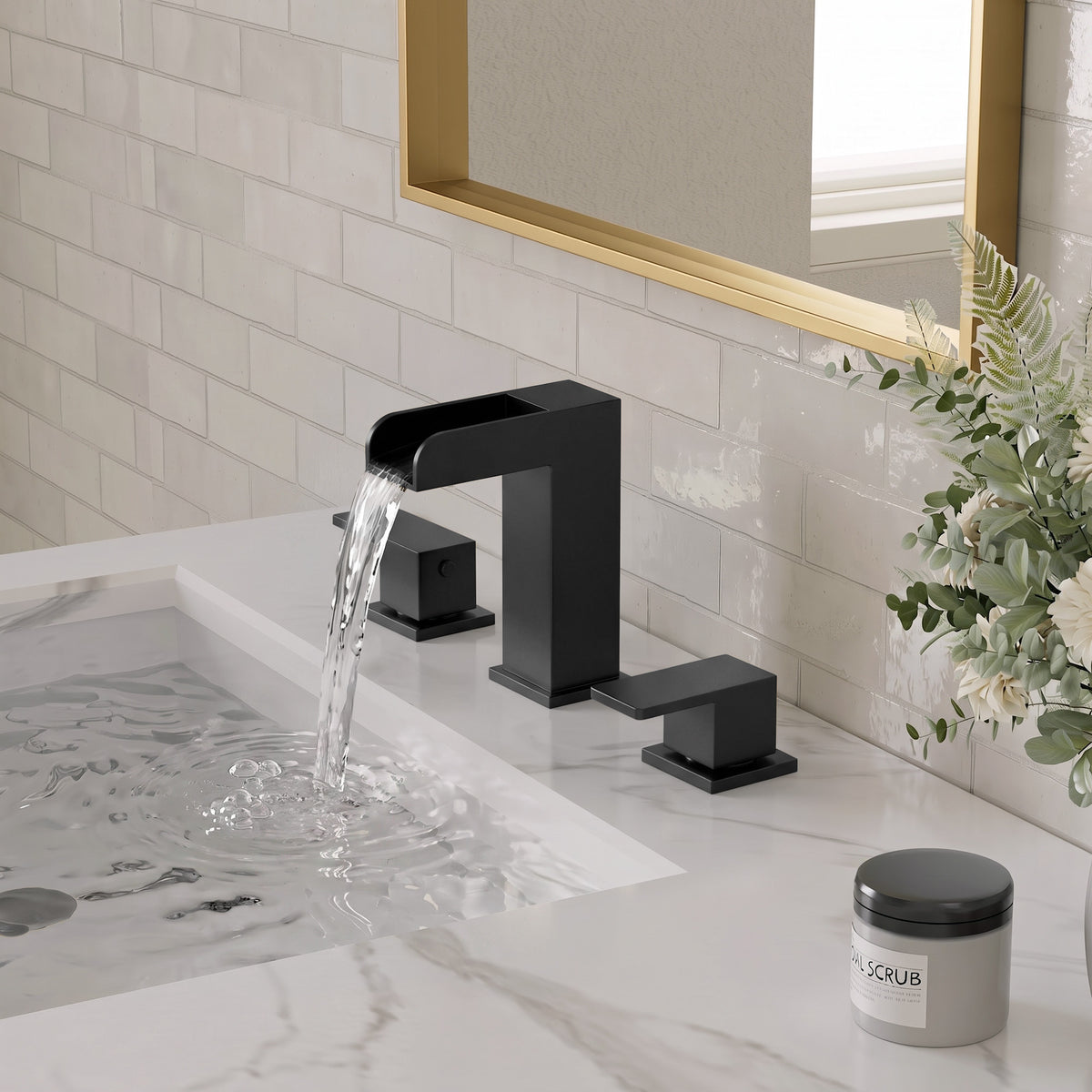 Two-Handle Waterfall Widespread Bathroom Sink Faucet With Pop-Up Drain