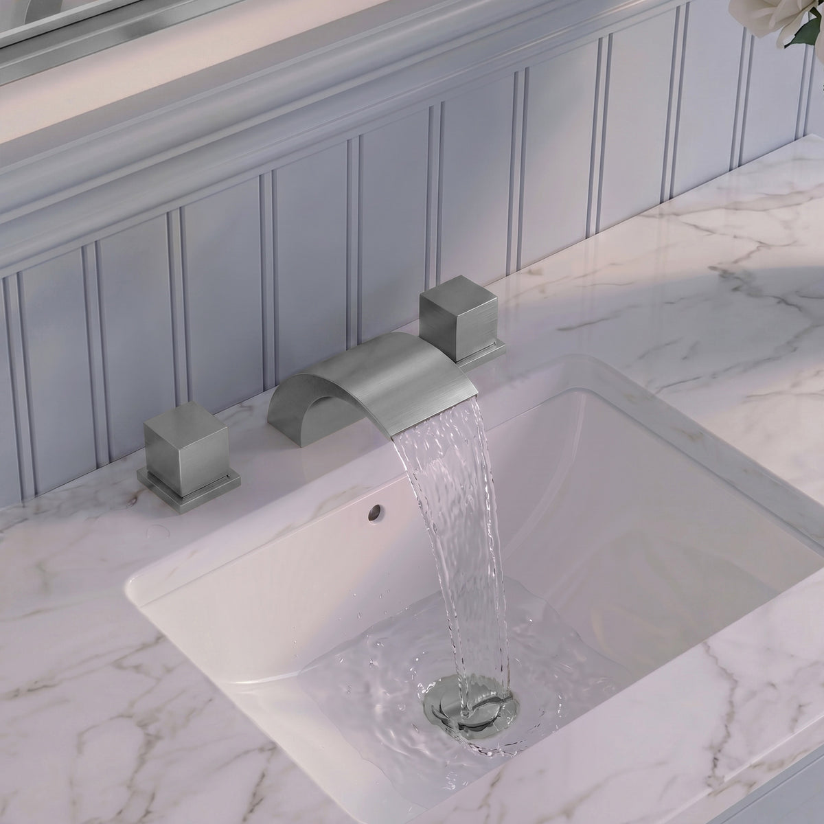 Two-Handle Waterfall Widespread Bathroom Sink Faucet With Pop-Up Drain