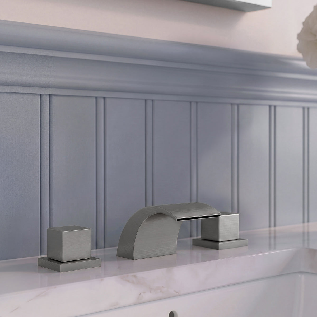 Two-Handle Waterfall Widespread Bathroom Sink Faucet With Pop-Up Drain