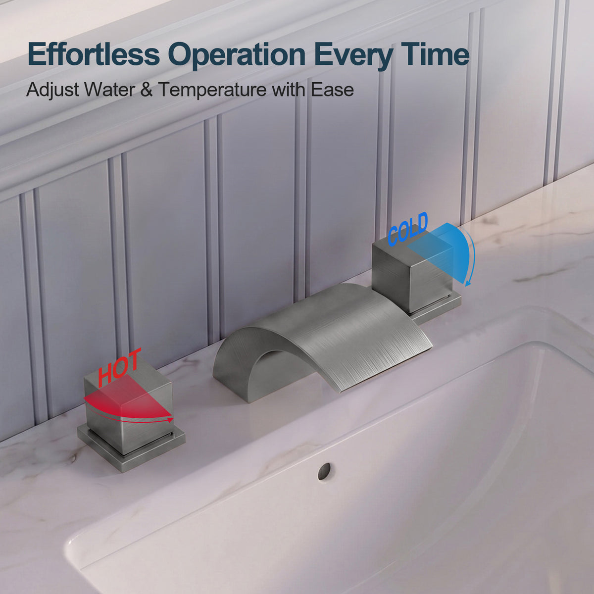 Two-Handle Waterfall Widespread Bathroom Sink Faucet With Pop-Up Drain