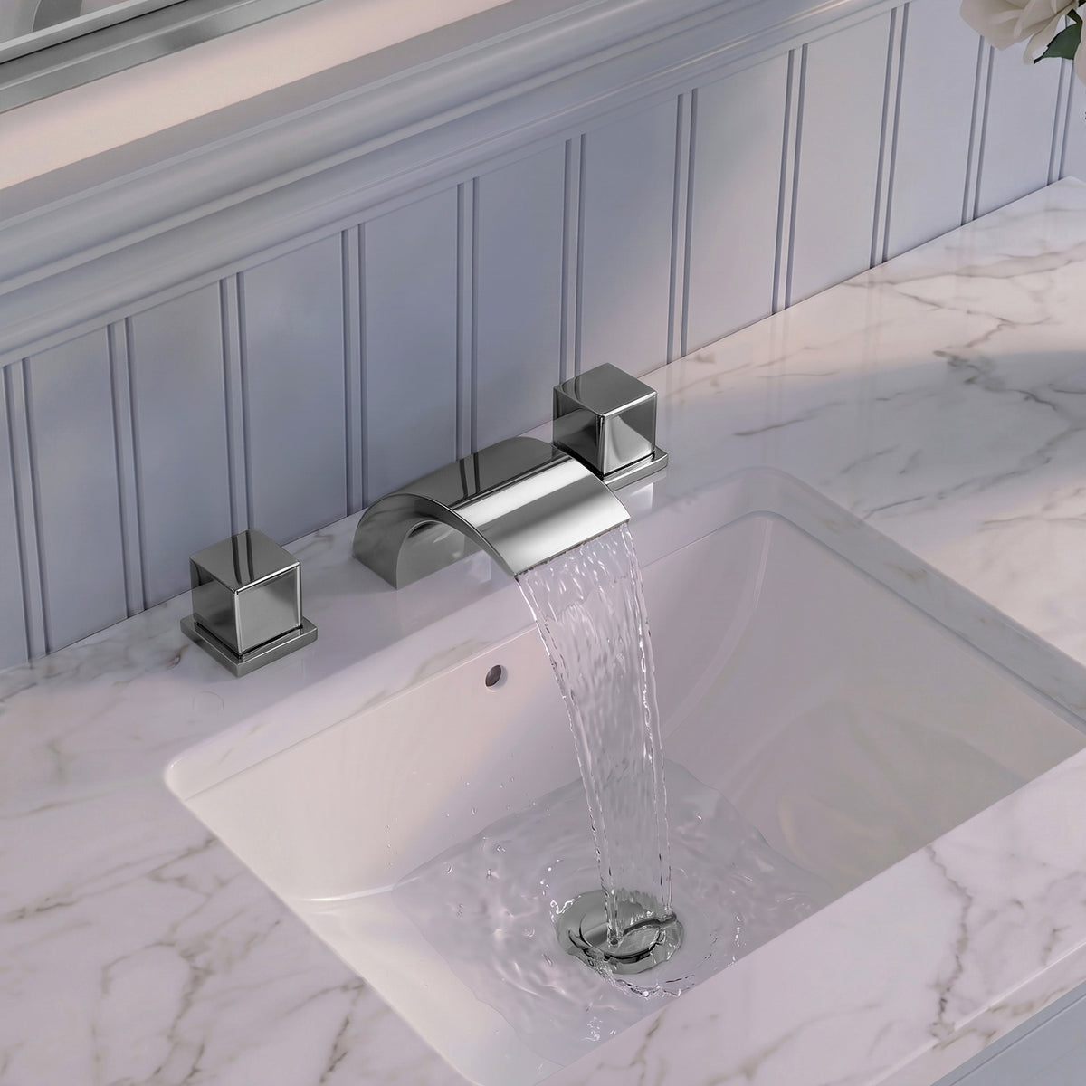 Two-Handle Waterfall Widespread Bathroom Sink Faucet With Pop-Up Drain