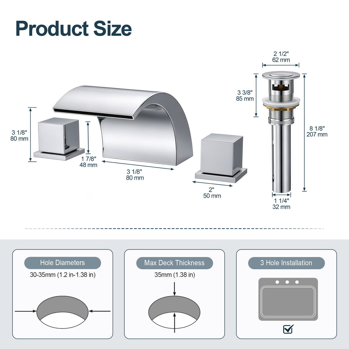 Two-Handle Waterfall Widespread Bathroom Sink Faucet With Pop-Up Drain