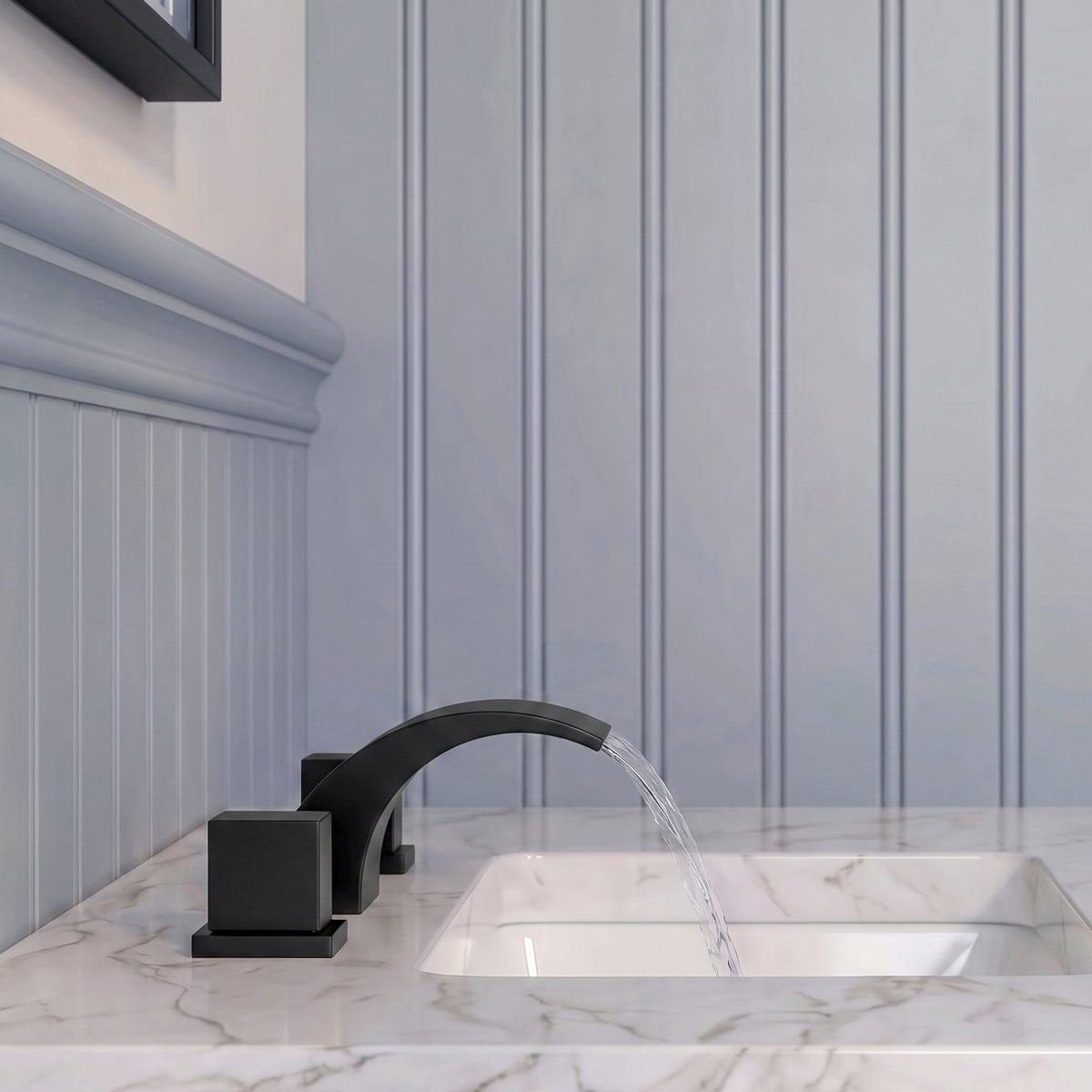 Two-Handle Waterfall Widespread Bathroom Sink Faucet With Pop-Up Drain