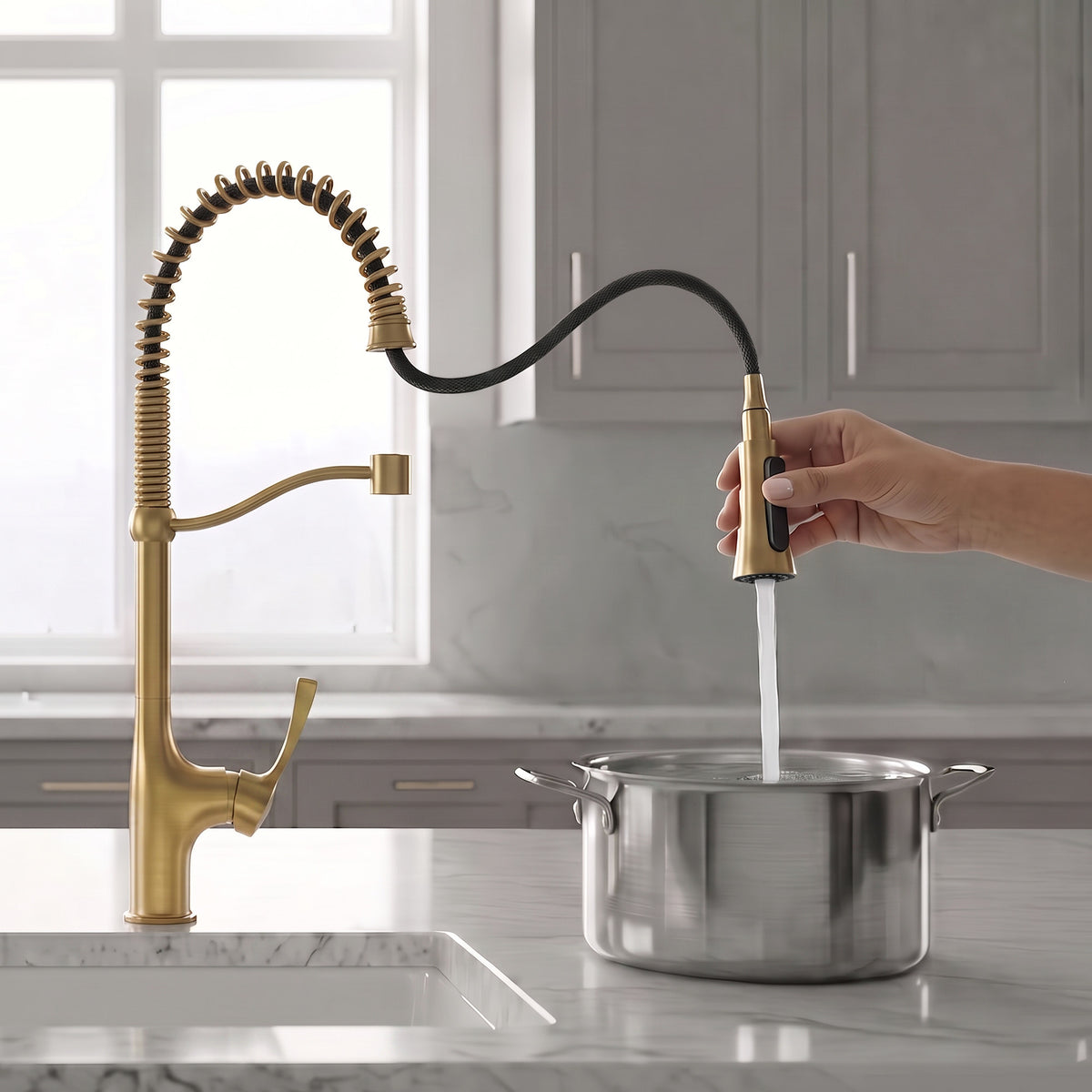 23.7-Inch Pre-Rinse Spring Kitchen Faucet with Pull-Down Spray