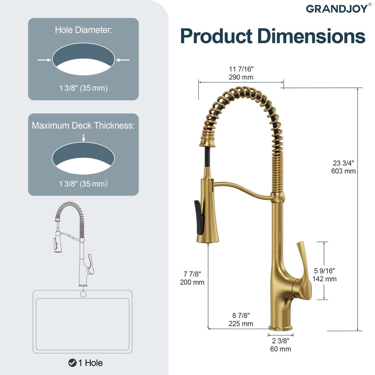23.7-Inch Pre-Rinse Spring Kitchen Faucet with Pull-Down Spray