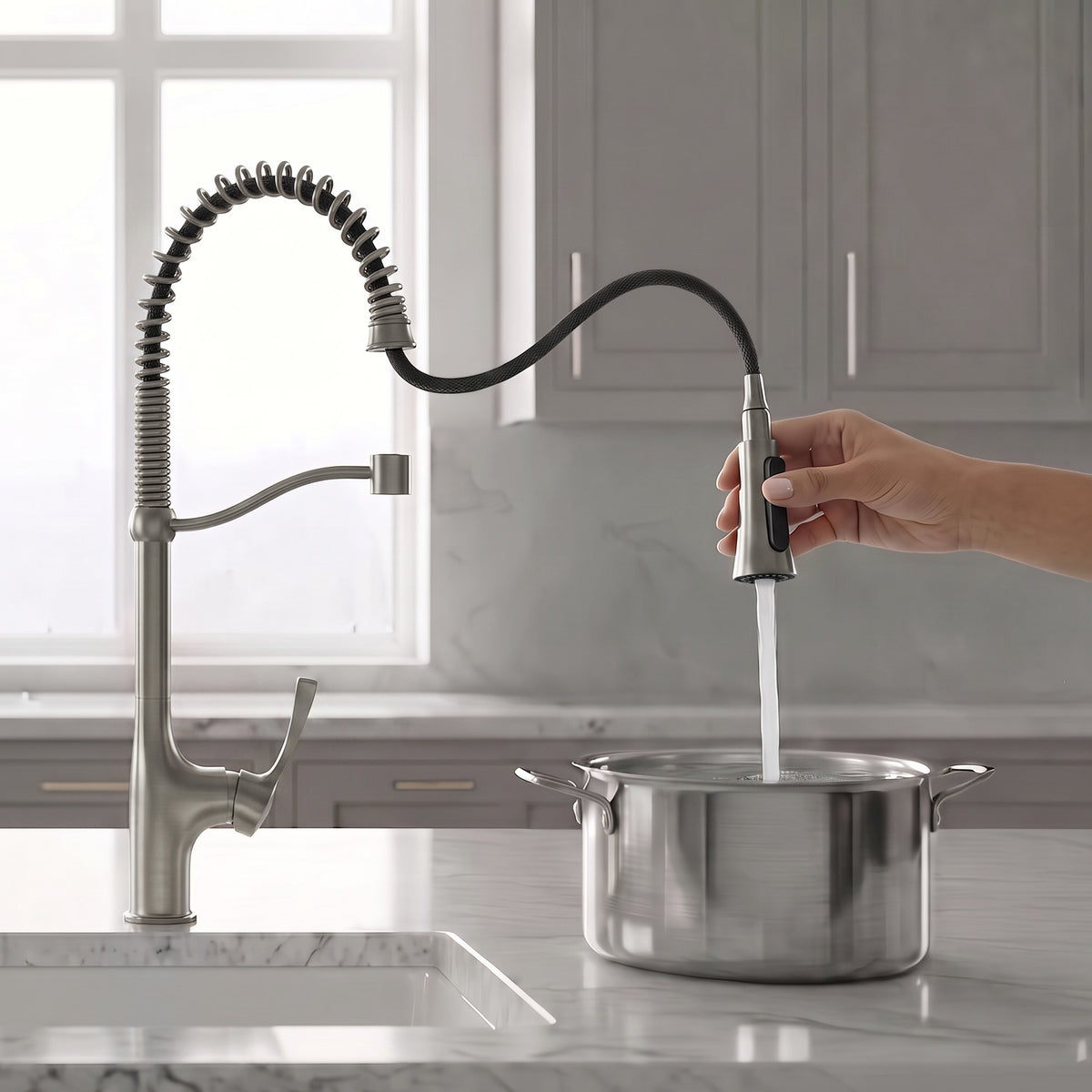 23.7-Inch Pre-Rinse Spring Kitchen Faucet with Pull-Down Spray