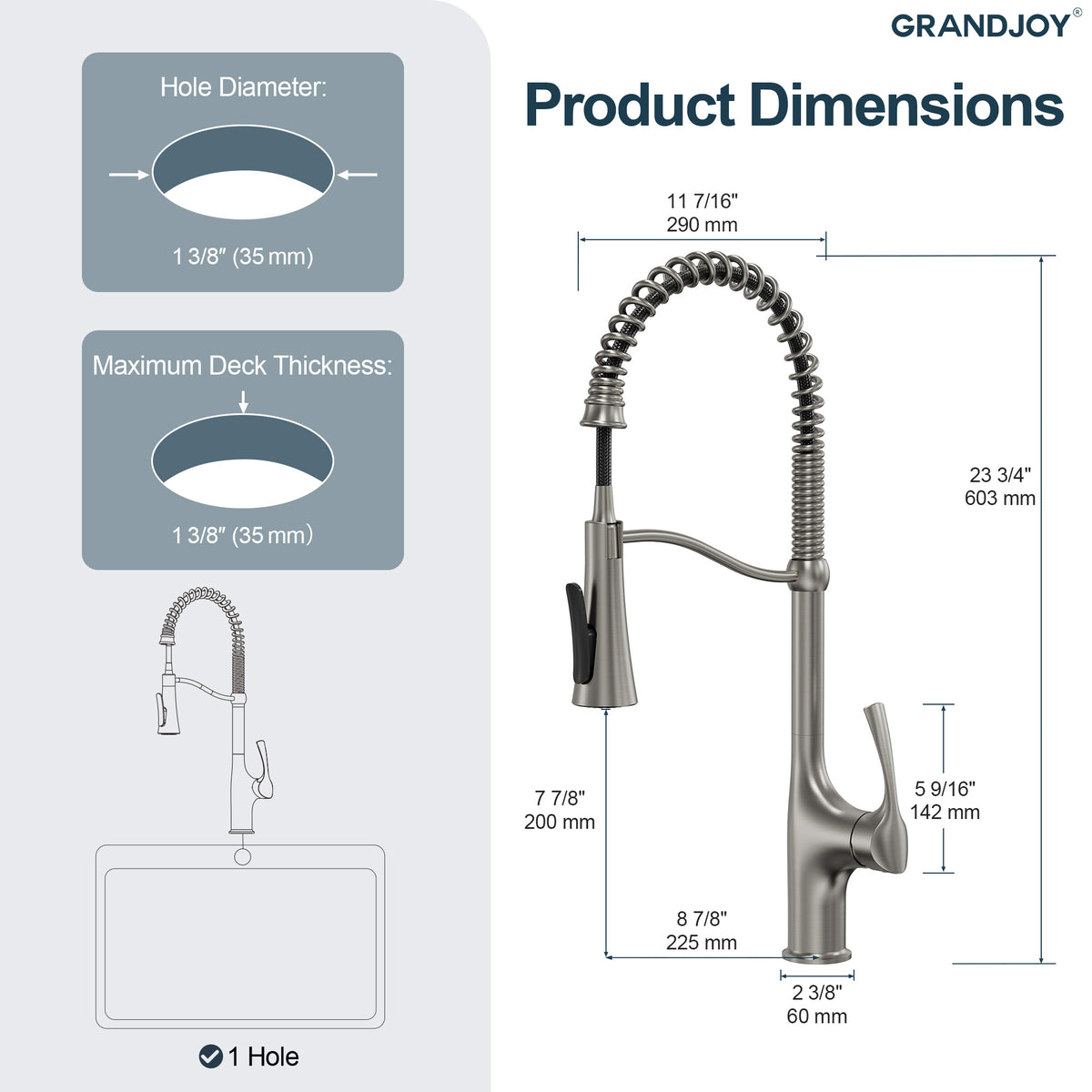 23.7-Inch Pre-Rinse Spring Kitchen Faucet with Pull-Down Spray