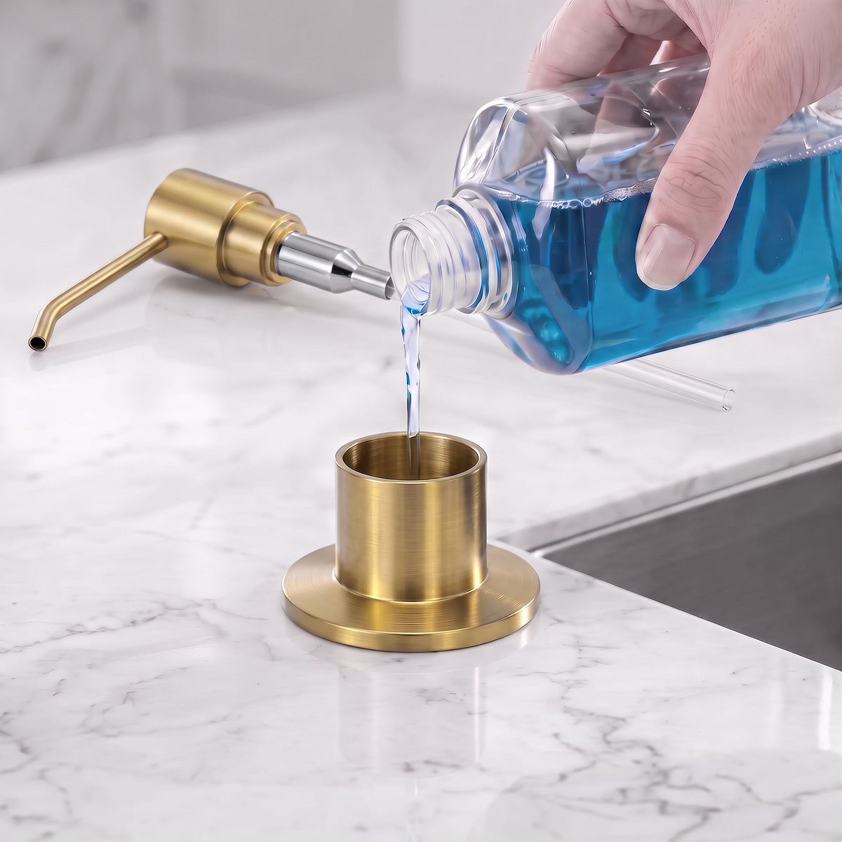 Deck-Mounted Liquid Soap Dispenser with Slim Pump Head and Straight Spout