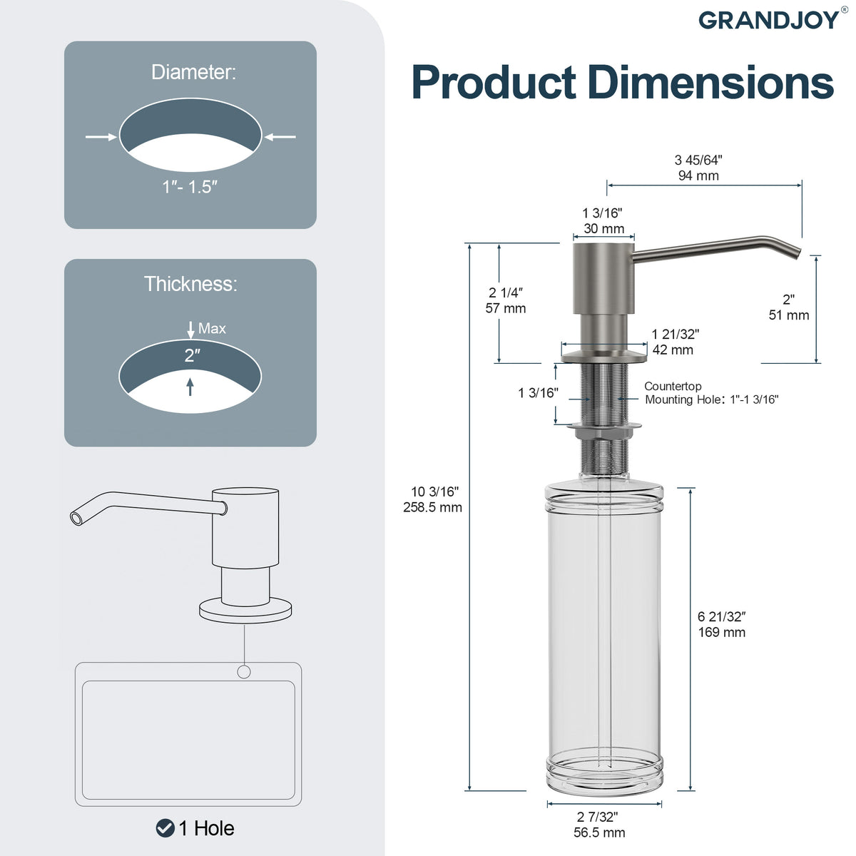 Deck-Mounted Liquid Soap Dispenser with Slim Pump Head and Straight Spout