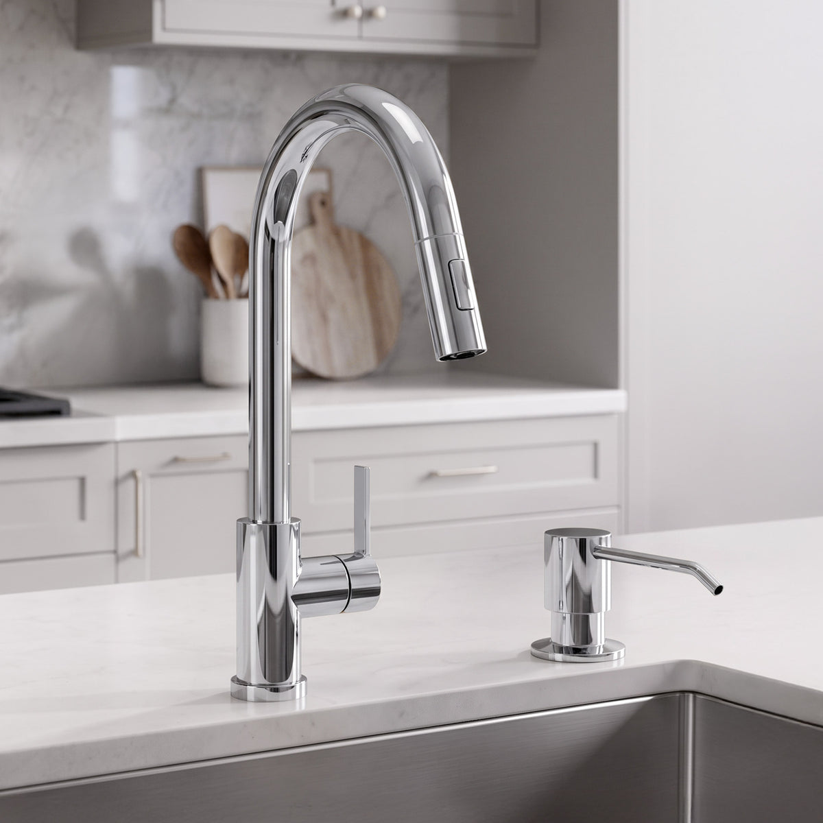 Deck-Mounted Liquid Soap Dispenser with Slim Pump Head and Straight Spout