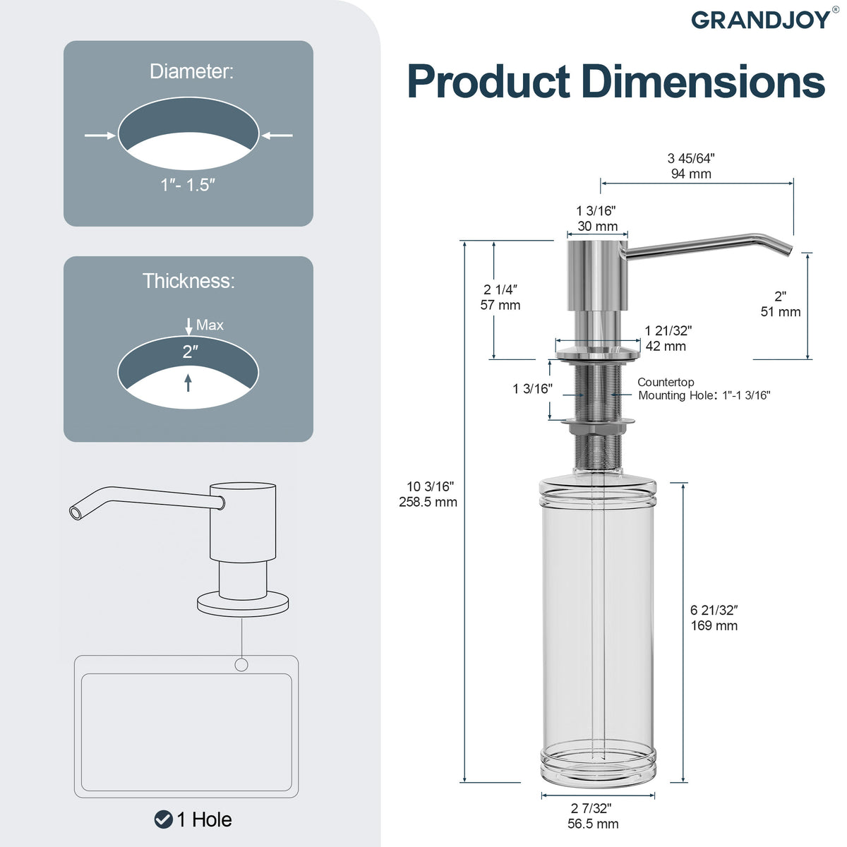 Deck-Mounted Liquid Soap Dispenser with Slim Pump Head and Straight Spout