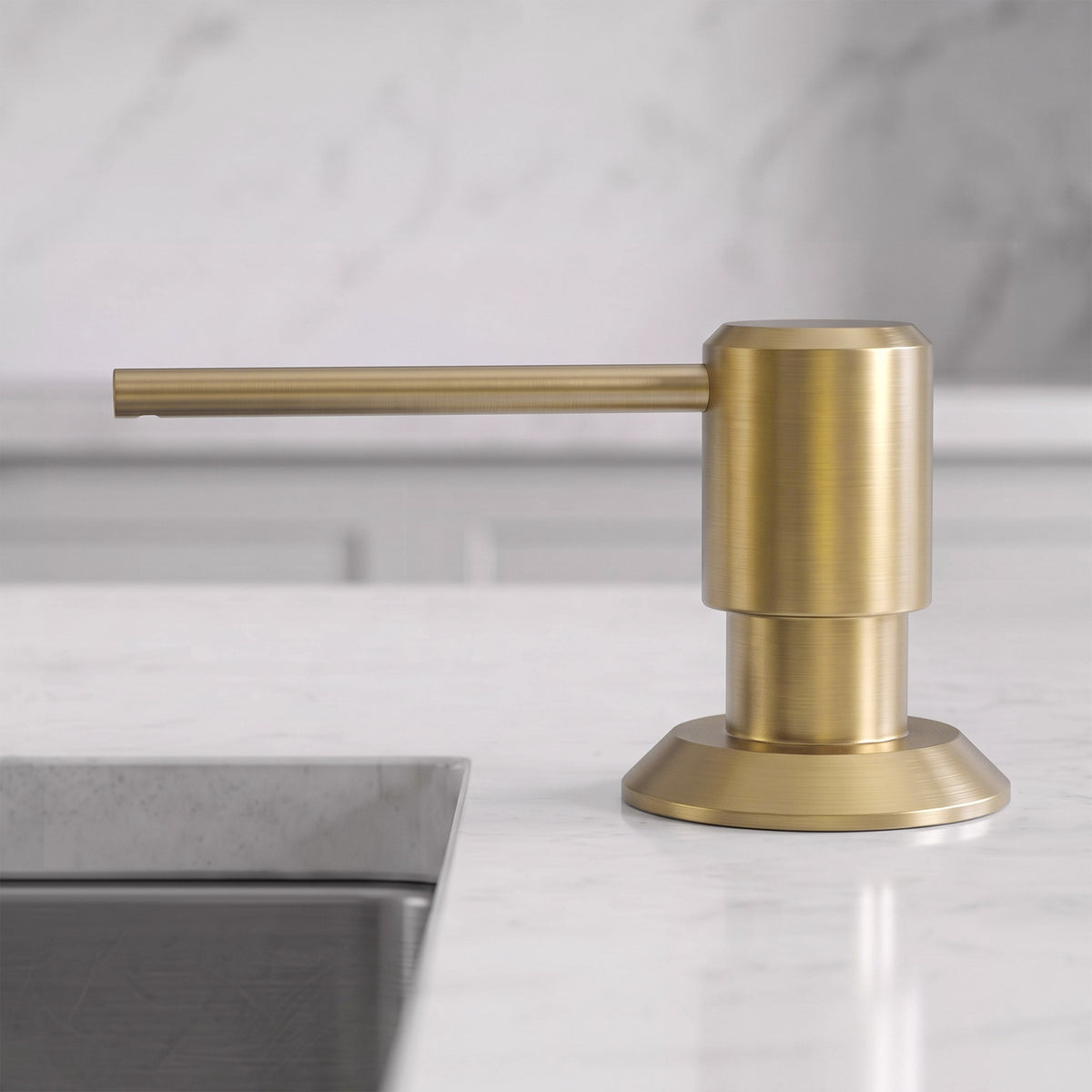 Deck-Mounted Liquid Soap Dispenser with Long Slim Spout and Domed Flange