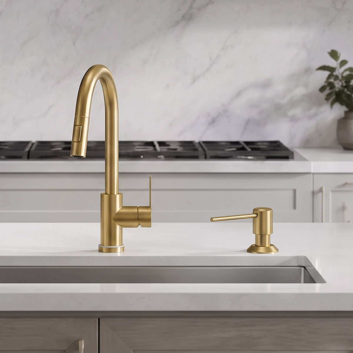 Deck-Mounted Liquid Soap Dispenser with Long Slim Spout and Domed Flange