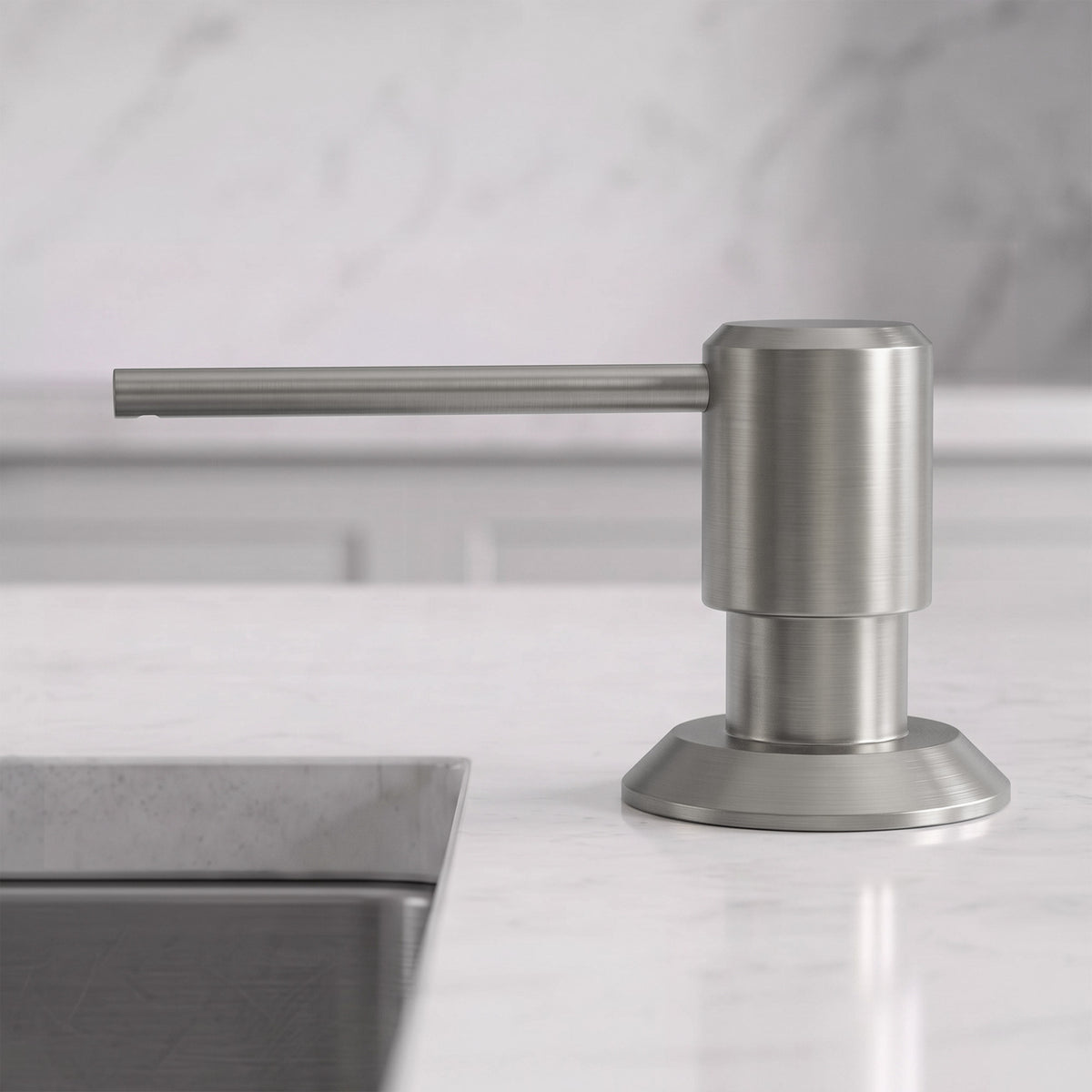 Deck-Mounted Liquid Soap Dispenser with Long Slim Spout and Domed Flange