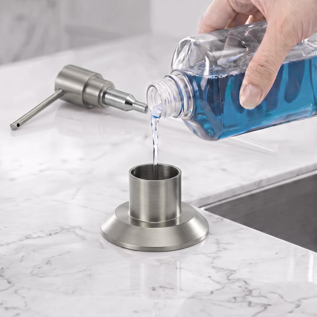 Deck-Mounted Liquid Soap Dispenser with Long Slim Spout and Domed Flange