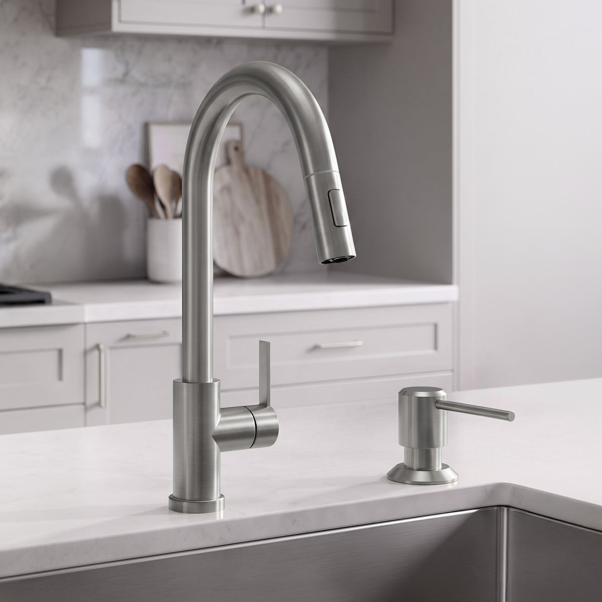Deck-Mounted Liquid Soap Dispenser with Long Slim Spout and Domed Flange