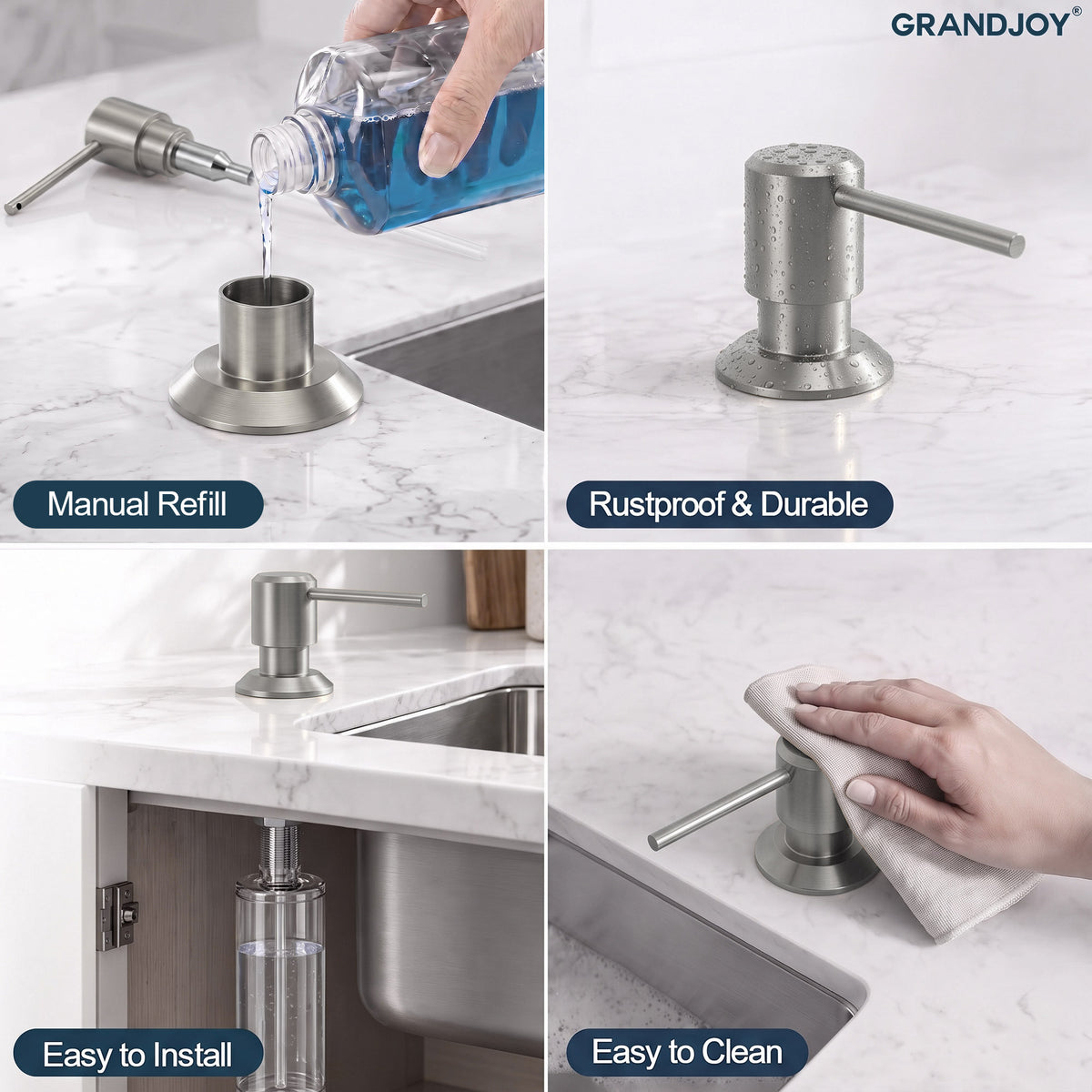 Deck-Mounted Liquid Soap Dispenser with Long Slim Spout and Domed Flange