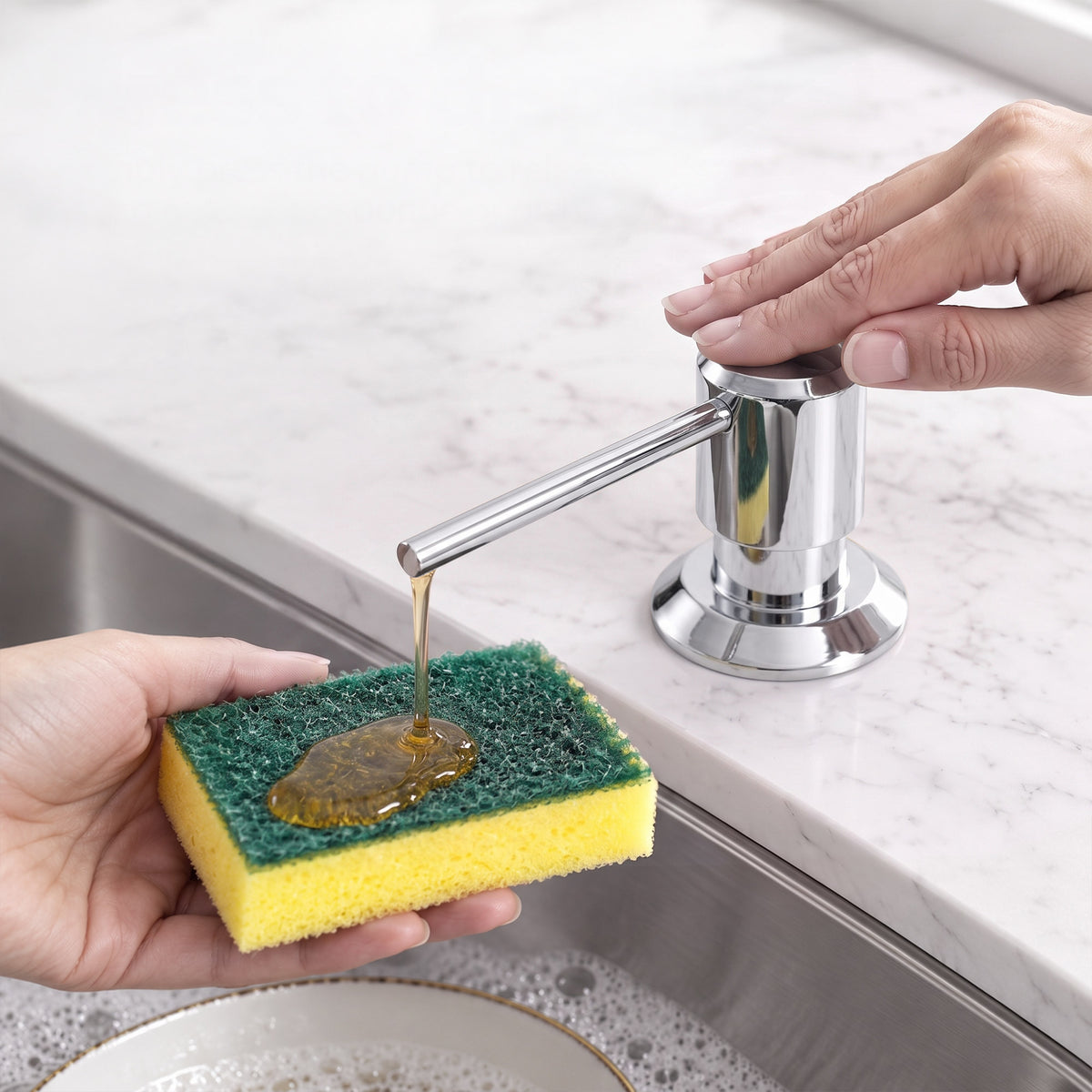 Deck-Mounted Liquid Soap Dispenser with Long Slim Spout and Domed Flange