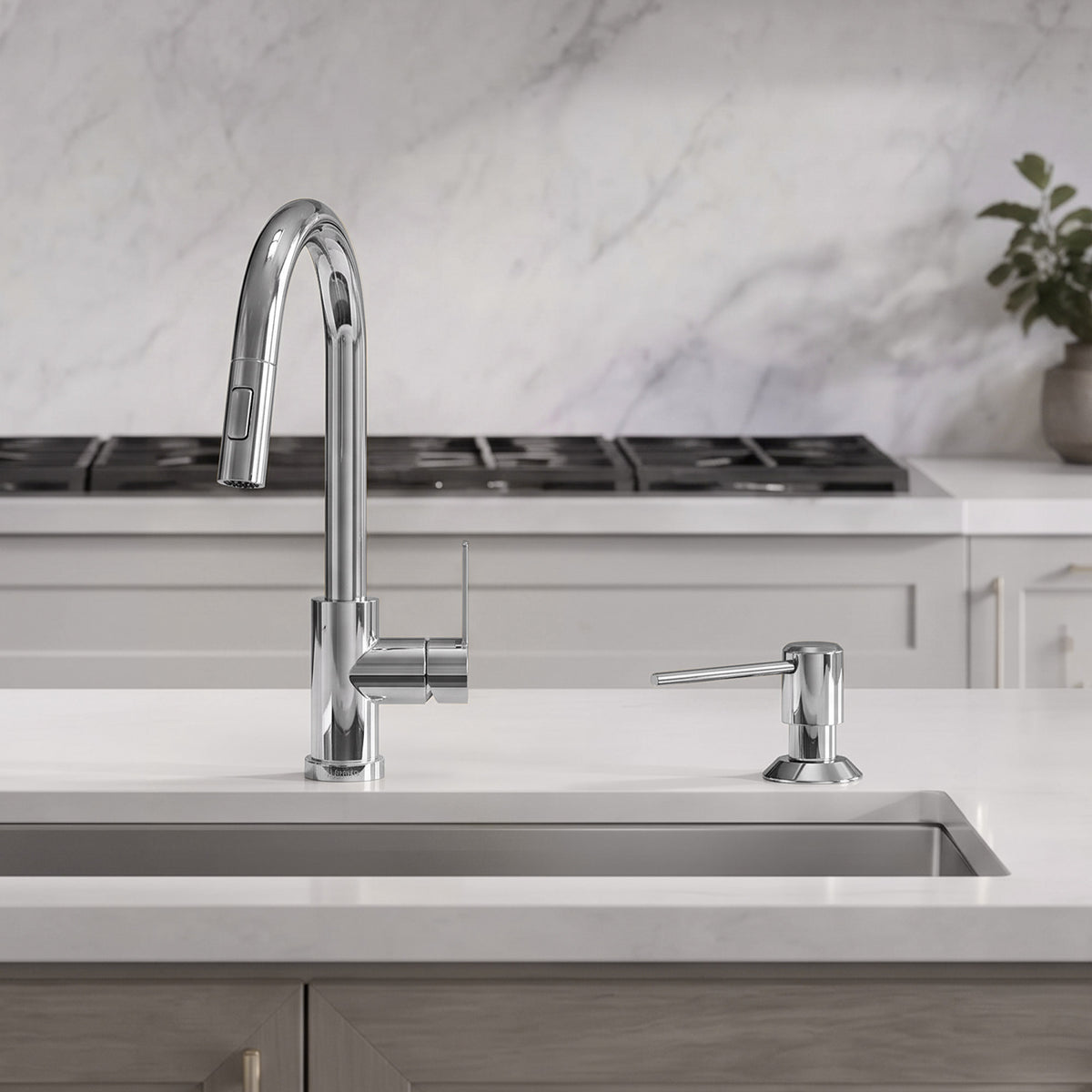 Deck-Mounted Liquid Soap Dispenser with Long Slim Spout and Domed Flange