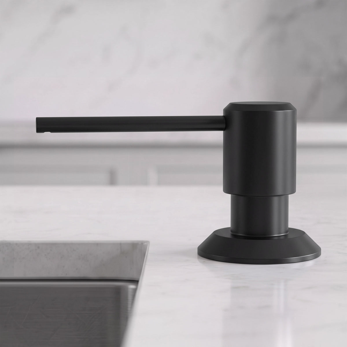 Deck-Mounted Liquid Soap Dispenser with Long Slim Spout and Domed Flange