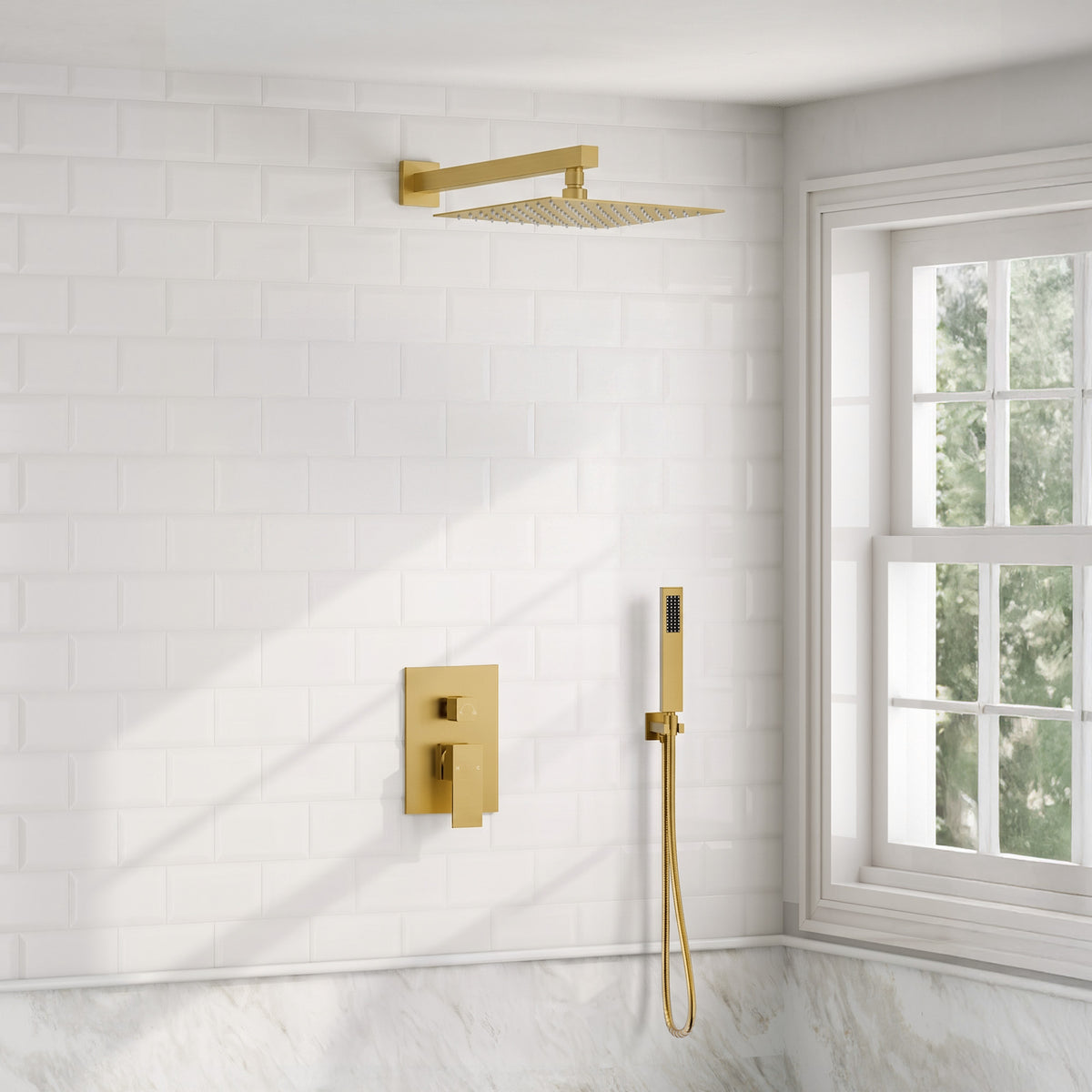 Square Wall-Mounted Pressure-Balanced Shower System with Handheld Spray