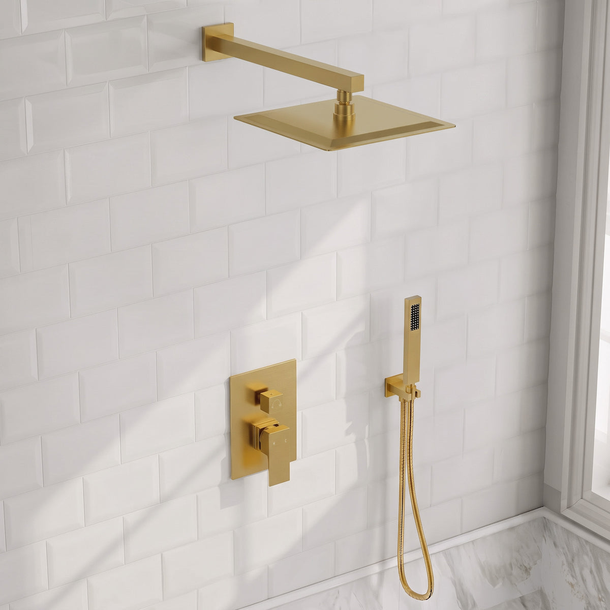Square Wall-Mounted Pressure-Balanced Shower System with Handheld Spray