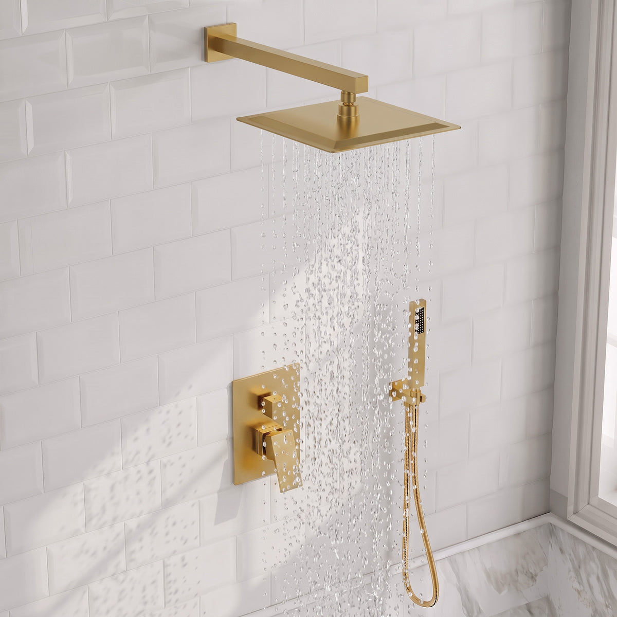 Square Wall-Mounted Pressure-Balanced Shower System with Handheld Spray