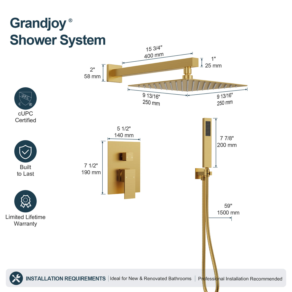 Square Wall-Mounted Pressure-Balanced Shower System with Handheld Spray