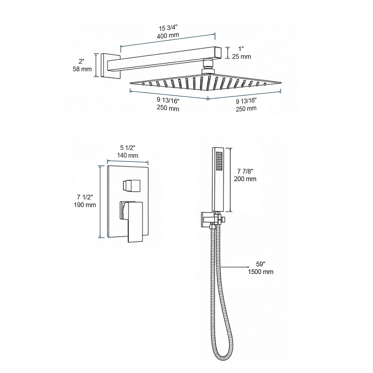 Square Wall-Mounted Pressure-Balanced Shower System with Handheld Spray