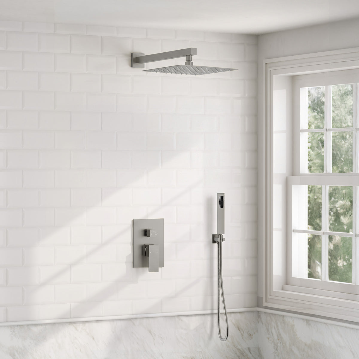 Square Wall-Mounted Pressure-Balanced Shower System with Handheld Spray
