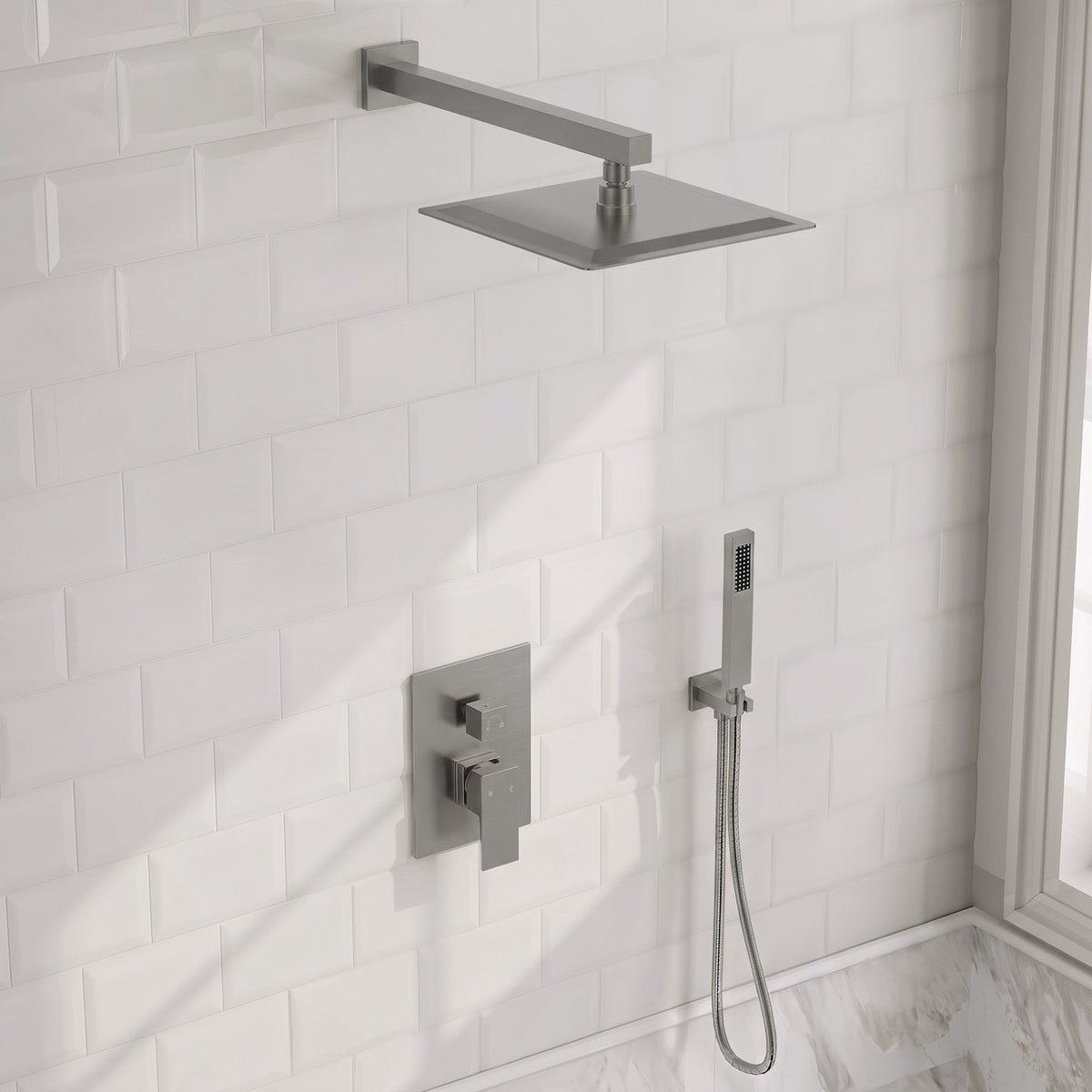 Square Wall-Mounted Pressure-Balanced Shower System with Handheld Spray