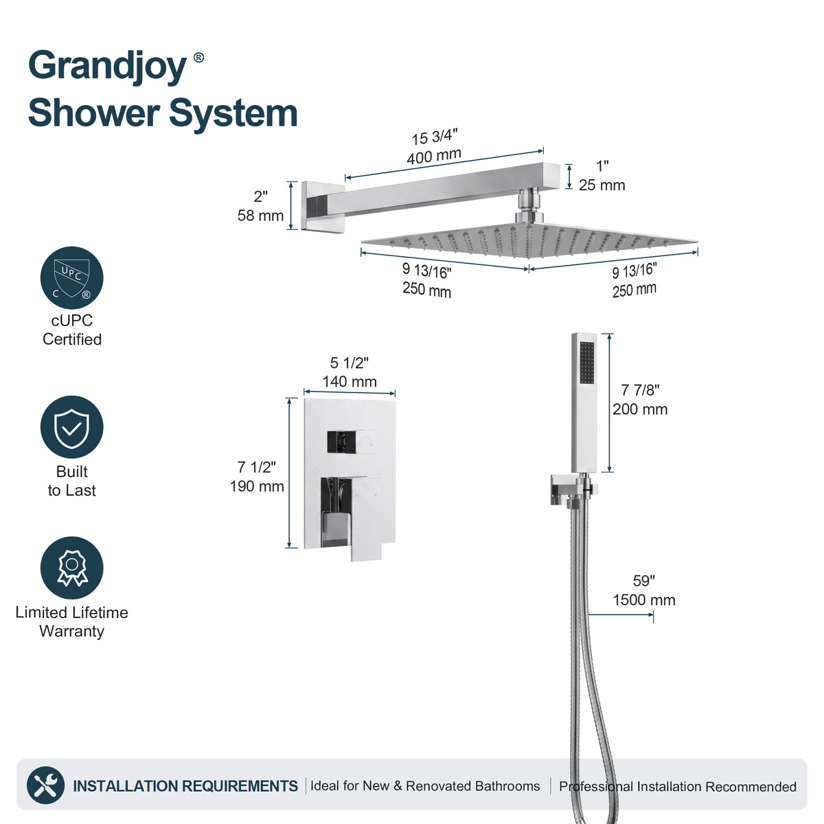 Square Wall-Mounted Pressure-Balanced Shower System with Handheld Spray