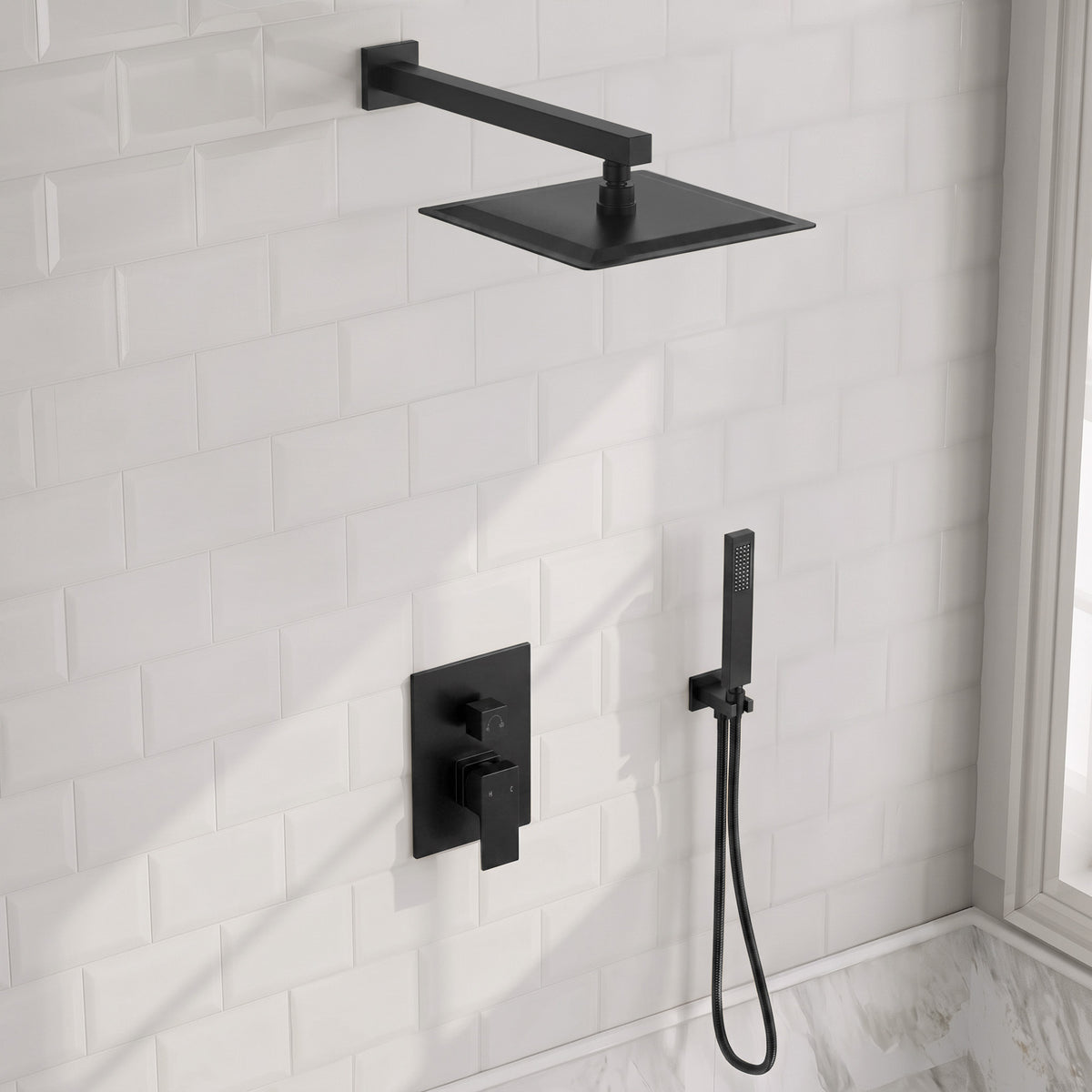 Square Wall-Mounted Pressure-Balanced Shower System with Handheld Spray