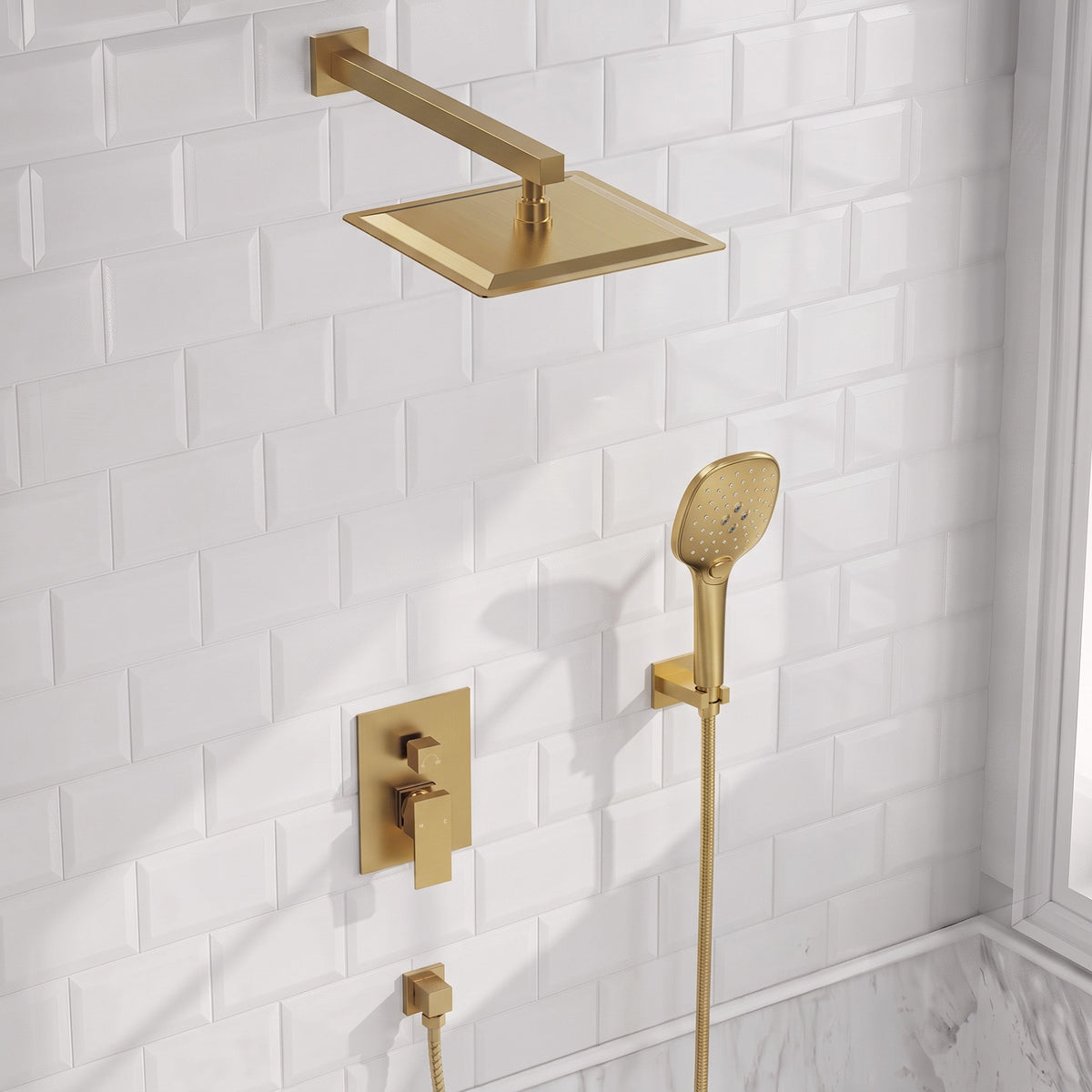 Square Wall-Mounted Pressure-Balanced Shower System with Adjustable Handheld