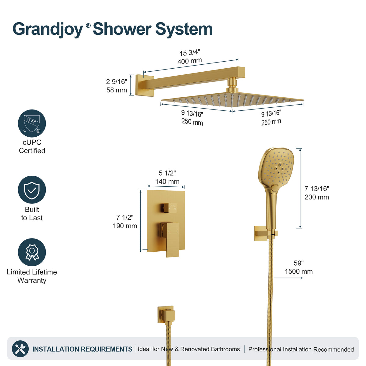 Square Wall-Mounted Pressure-Balanced Shower System with Adjustable Handheld