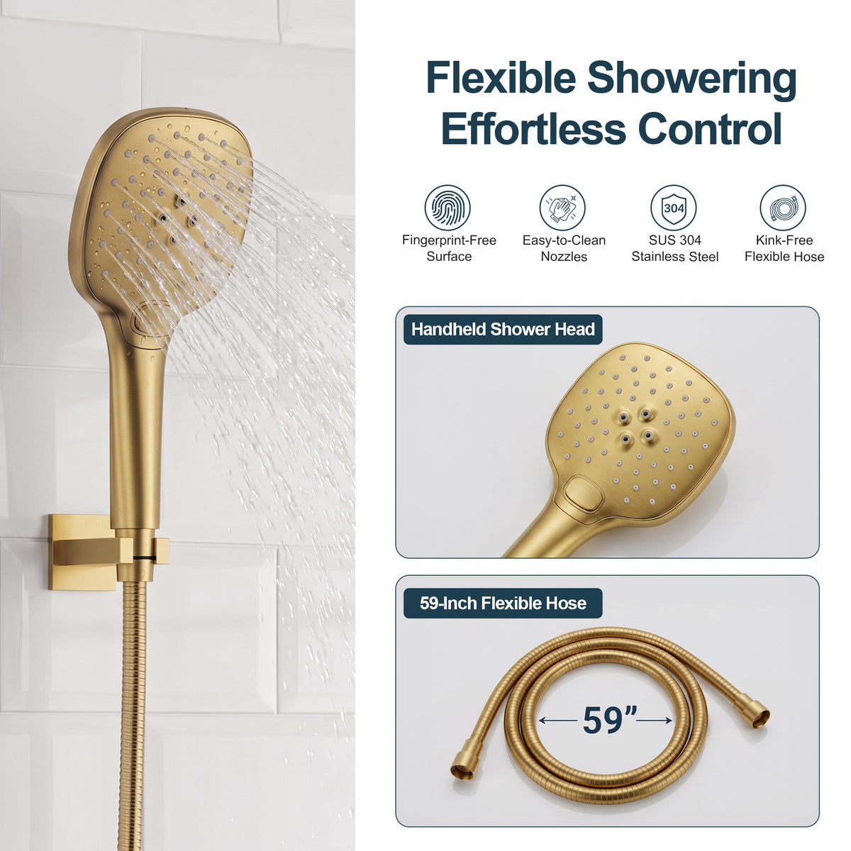 Square Wall-Mounted Pressure-Balanced Shower System with Adjustable Handheld