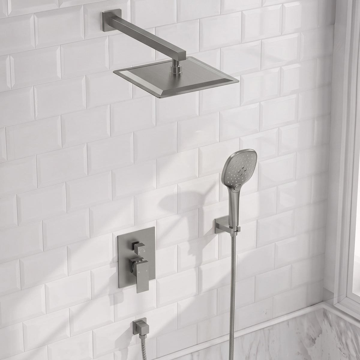 Square Wall-Mounted Pressure-Balanced Shower System with Adjustable Handheld